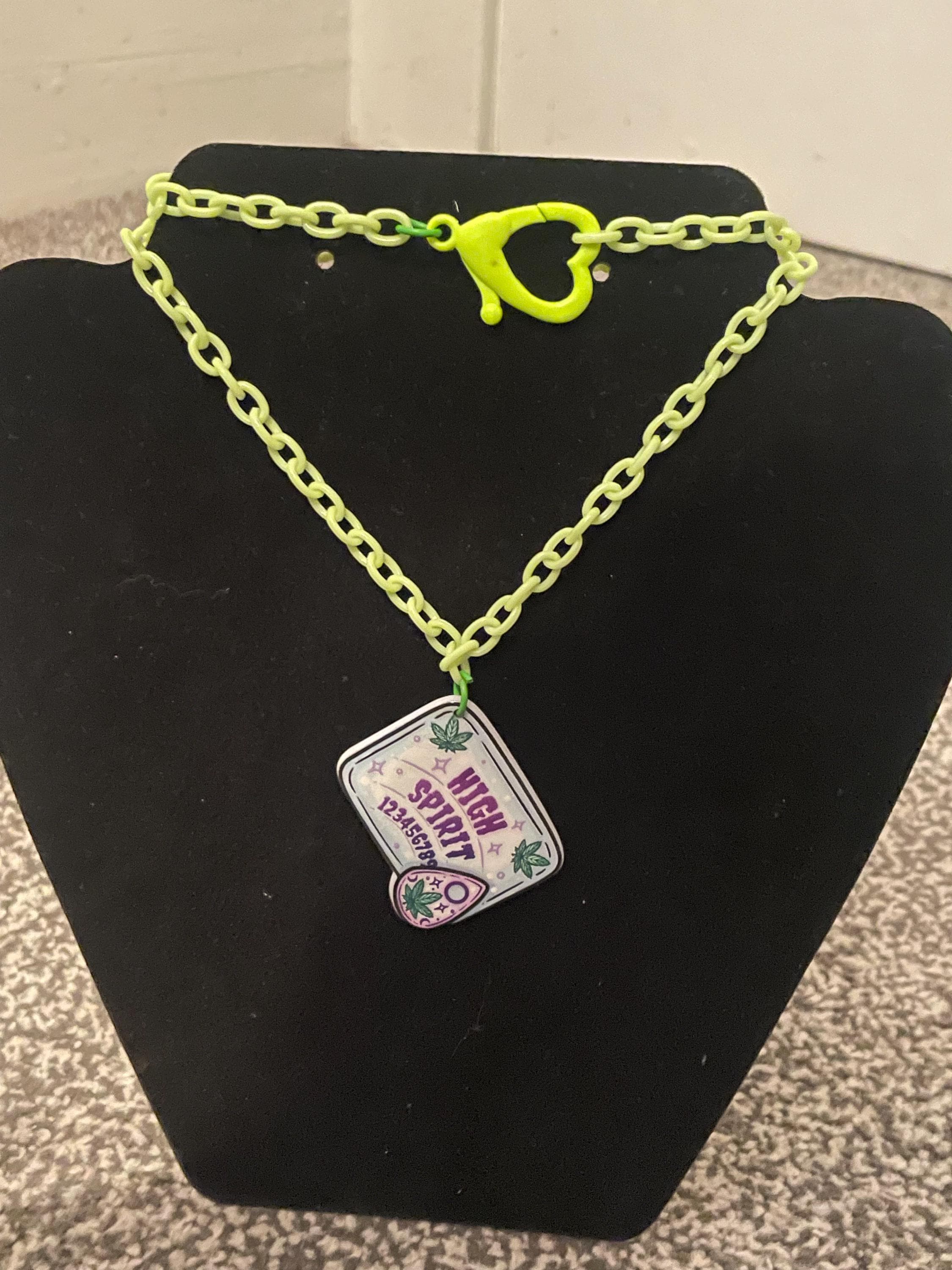 pot leaf marijuana leaf ouija board bright green chain necklace