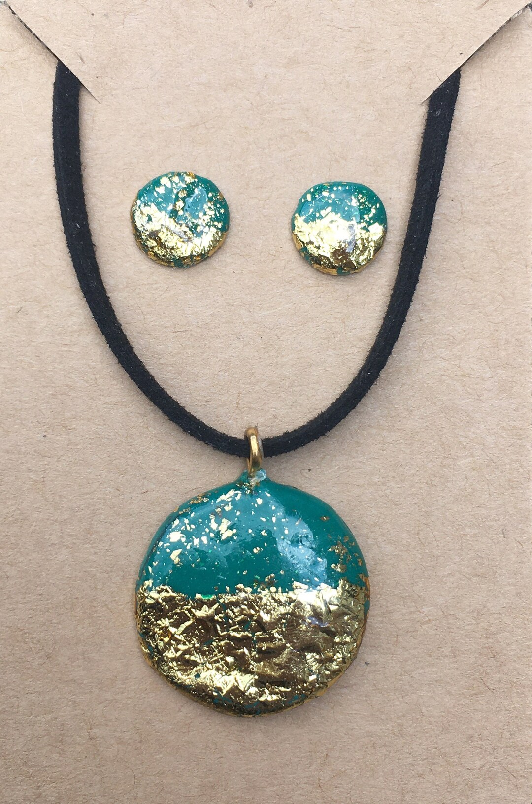 Emerald Green Gold Leaf and Polymer Clay Necklace and Sterling Etsy