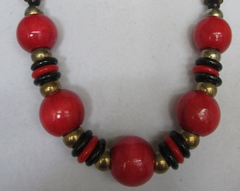 Vintage Chunky Wood Beaded Long Necklace, Natural Wooden, Handmade, Bold, Fashion Costume Jewelry