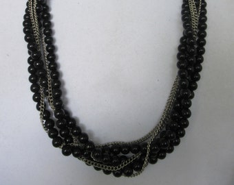 Vintage Black Pearl & metal 6 Strand Multi Layer Beaded Necklace, Bold, Statement, Collar, Handmade Layering Piece, Fashion Costume Jewelry