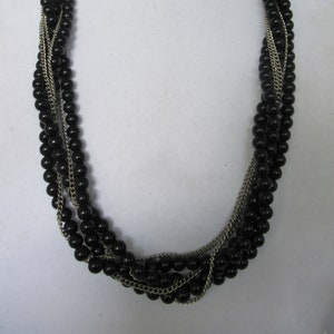 Vintage Black Pearl & metal 6 Strand Multi Layer Beaded Necklace, Bold, Statement, Collar, Handmade Layering Piece, Fashion Costume Jewelry