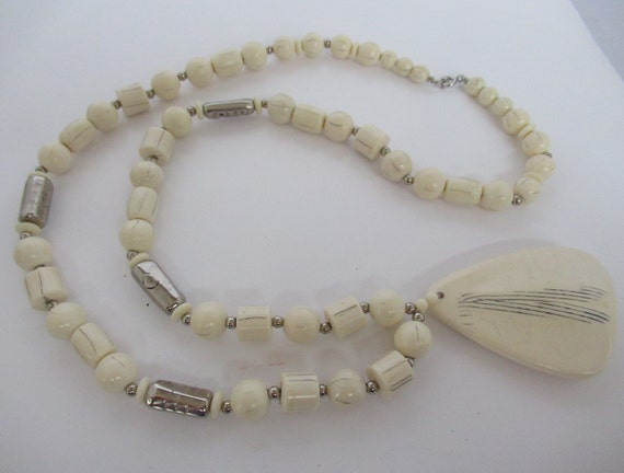 Vintage Ivory and Silver Focal Pendant Acrylic Be… - image 1