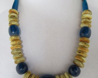 Vintage Royal Blue & Beige Chunky Wood Disc Beaded Necklace, Natural, Wooden, Handmade, Bold, Statement Fashion Costume Jewelry