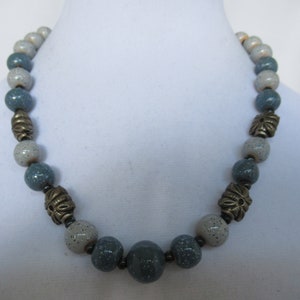 Vintage Slate Blue Silver Ceramic Beaded Short Necklace, Statement, Bold, Runway, Collar, Handmade Layering Piece, Fashion Costume Jewelry