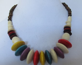 Vintage Rainbow Natural Wood Beaded Wooden Short Necklace, Statement, Bold, Runway, Collar, Handmade Layering Piece, Fashion Costume Jewelry