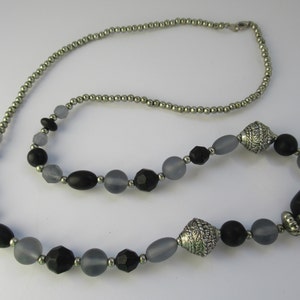 Vintage Gray, Black & Silver Textured Acrylic Geometric Beaded Long Necklace, Statement, Handmade, Bold, Statement, Fashion Costume Jewelry