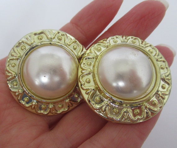 Vintage Large White Pearl and Gold Textured Statement Button 