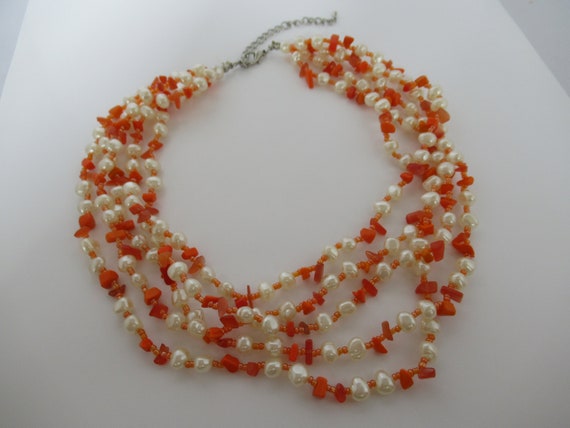 Vintage White Faux Pearl & Orange 5 Strand Multi … - image 5