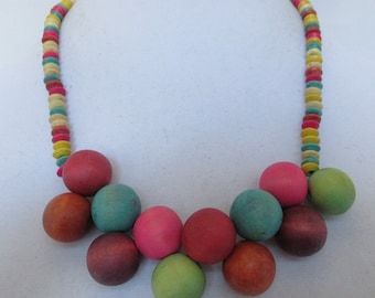 Vintage Rainbow Natural Wood Beaded Wooden Short Necklace, Statement, Bold, Runway, Collar, Handmade Layering Piece, Fashion Costume Jewelry