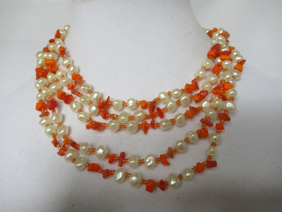 Vintage White Faux Pearl & Orange 5 Strand Multi … - image 4