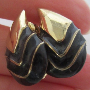 Vintage 1980's Gold Tone Metal and Black Enamel Teardrop Clip On Screw Back Earrings, Bold Statement Earrings, Vintage Jewelry Gift for Her