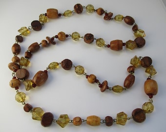 Vintage bruin hout & geel acryl kralen ketting link ketting, natuurlijke, houten, handgemaakt, vet, verklaring mode kostuum sieraden