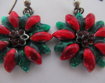 Vintage Green Red Christmas Poinsettia Enamel Rhinestone Earrings, Dangle Earrings, Holiday Festive Seasonal Xmas Earrings, Vintage Jewelry