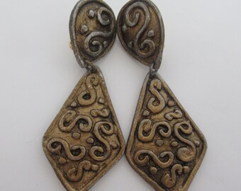 Vintage Large Statement Gold and Silver Textured Geometric Dangle Clip On Earrings, Bold Clip-On Earrings, Fashion Costume Jewelry