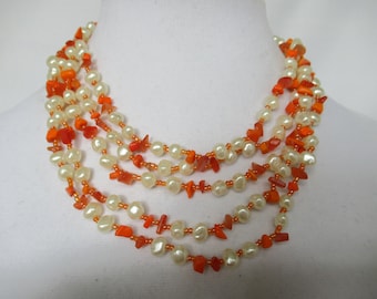 Vintage White Faux Pearl & Orange 5 Strand Multi Layer Beaded Necklace, Statement, Collar, Handmade Layering Piece, Fashion Costume Jewelry