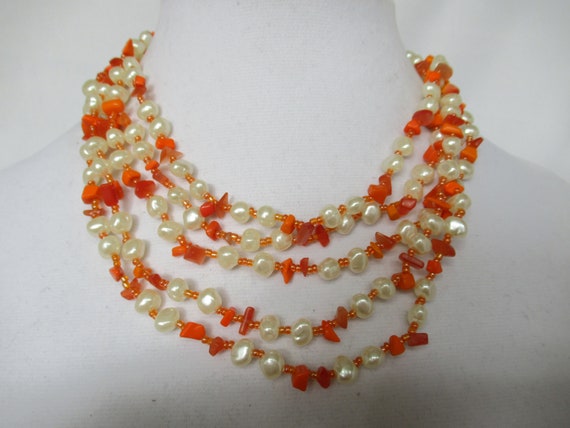 Vintage White Faux Pearl & Orange 5 Strand Multi … - image 1