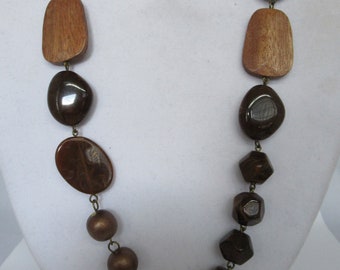 Vintage chocolade bruin marmer stijl en hout kralen lange ketting link ketting, handgemaakte, houten gedurfde, statement, mode kostuum sieraden