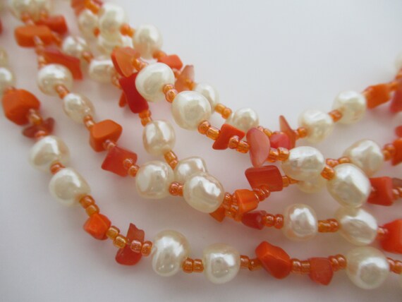 Vintage White Faux Pearl & Orange 5 Strand Multi … - image 6
