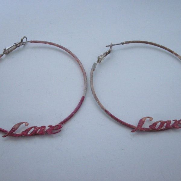 Vintage Retro 1980s Pink Love Enamel Dangle Hoop Earrings, Large Valentine Geometric Hoop Earrings, Trend Setter, 80s Pierced Boho Earrings