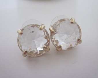 Vintage Large Clear and Gold Stud Earrings, Pierced Rhinestone Gold Tone Earrings, Vintage Jewelry, Simple Classic Earrings