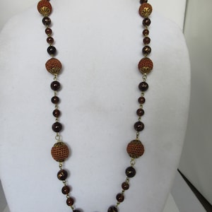 Vintage Brown Glass, Brown Crochet and Bronze Metal Accent Beaded Long Necklace, Handmade, Bold, Fashion Costume Jewelry