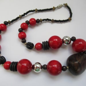 Vintage Red, Black, & Silver Chunky Wood and Acrylic Beaded Necklace, Natural, Wooden, Handmade, Bold, Statement Fashion Costume Jewelry