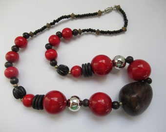 Vintage Red, Black, & Silver Chunky Wood and Acrylic Beaded Necklace, Natural, Wooden, Handmade, Bold, Statement Fashion Costume Jewelry