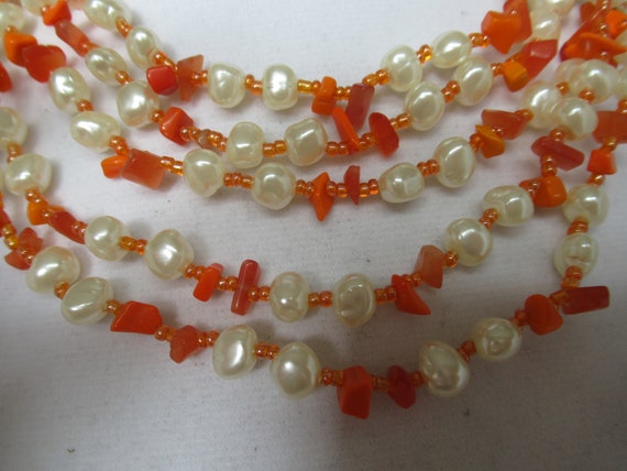 Vintage White Faux Pearl & Orange 5 Strand Multi … - image 2