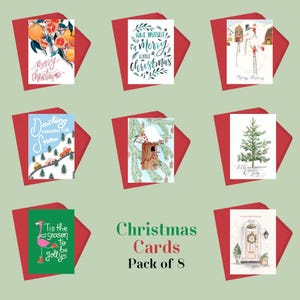 Christmas Card Set, Holiday Greeting Cards Bundle, Christmas Gift, Greeting Card Set, Festive Greeting Cards, Blank Inside, Pack of 8