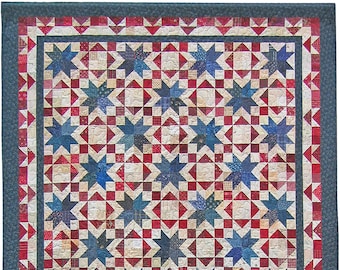 May include: A red, white, and blue quilt with a star pattern. The quilt is made up of many small squares and triangles. The stars are in a grid pattern and are surrounded by a border of red, white, and blue.