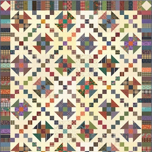 May include: A quilt with a patchwork design featuring a variety of fabrics in shades of red, blue, green, and brown. The quilt is made up of squares and triangles, and the overall design is geometric.