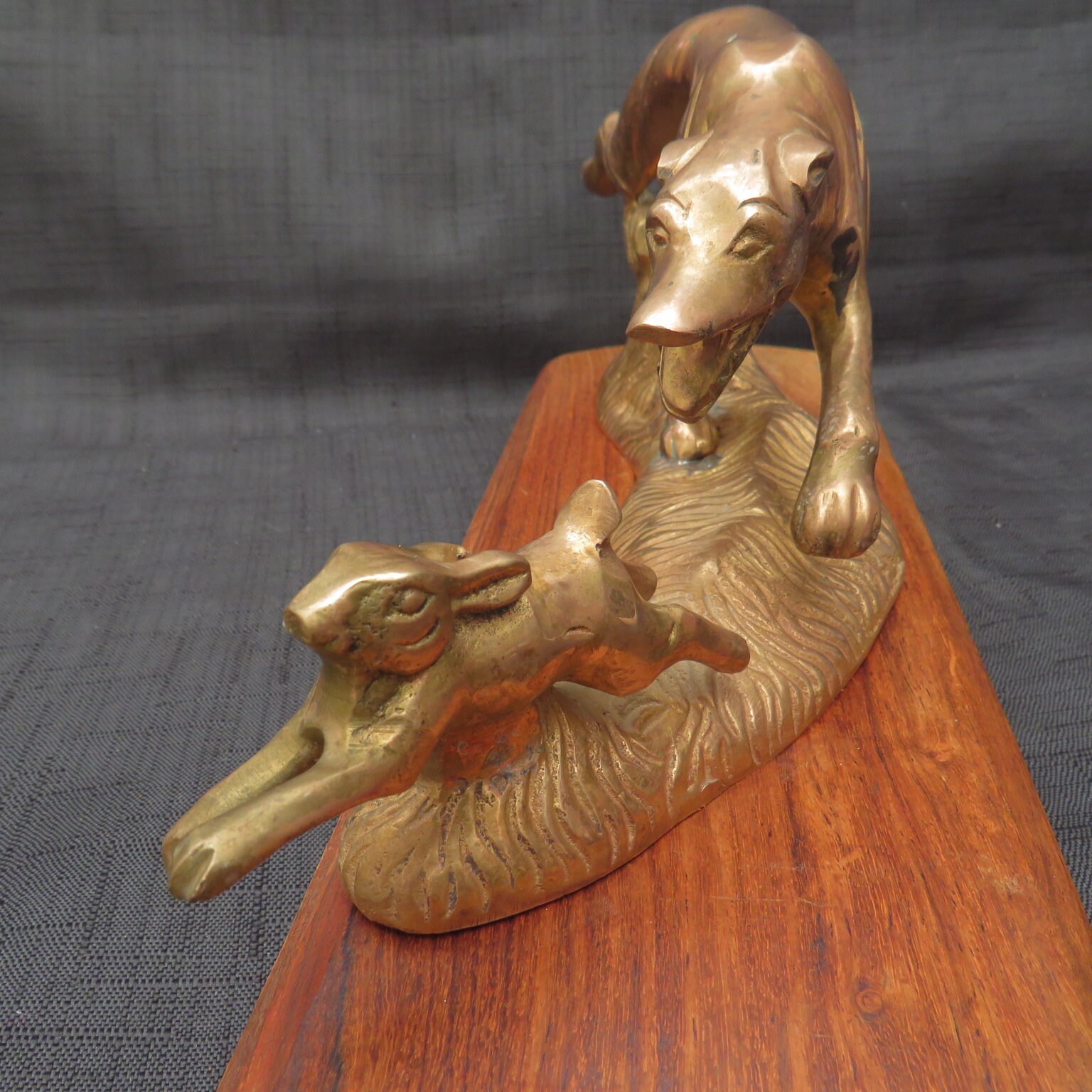 Vintage Bronze Dog Chasing Rabbit Sculpture on Wooden Base - Etsy