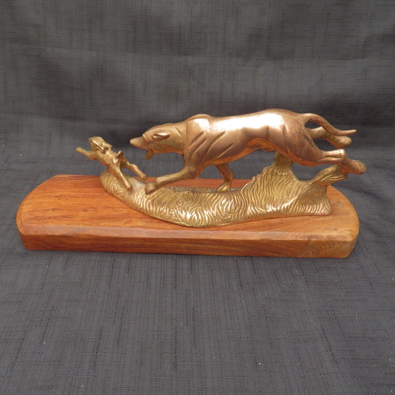 Vintage Bronze Dog Chasing Rabbit Sculpture on Wooden Base - Etsy