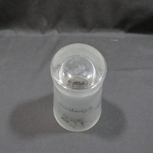 Op de afbeelding: Een heldere glazen tumbler met een mat onderste deel. De tumbler heeft een afgeronde bovenkant en een cilindrisch lichaam. De woorden "DISNEYLAND" zijn in een gebogen lijn gedrukt, samen met een zwarte afbeelding van Mickey Mouse.