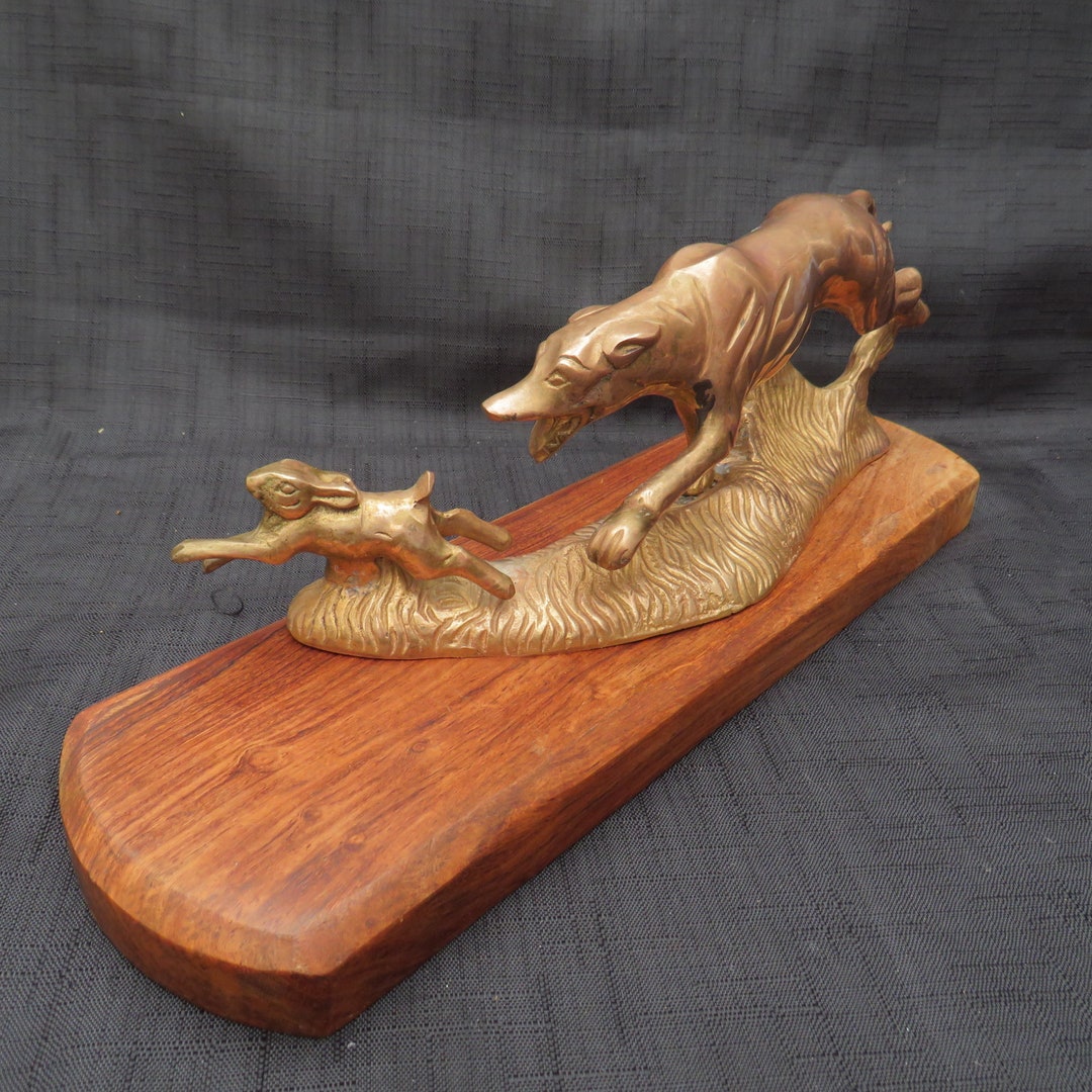 Vintage Bronze Dog Chasing Rabbit Sculpture on Wooden Base - Etsy