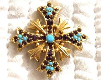 Vintage Sphinx Jeweled Maltese 9661 Crown Cross Brooch