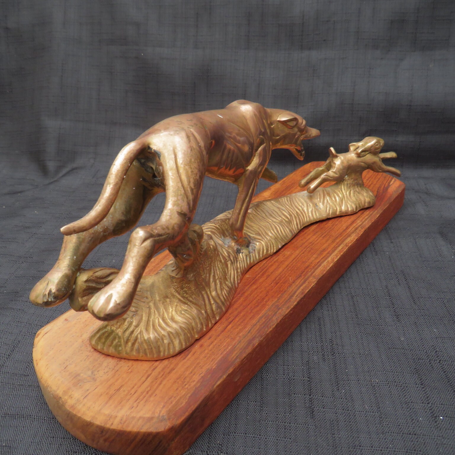 Vintage Bronze Dog Chasing Rabbit Sculpture on Wooden Base - Etsy
