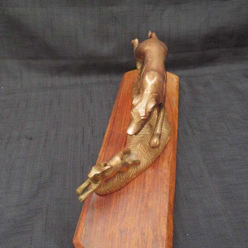Vintage Bronze Dog Chasing Rabbit Sculpture on Wooden Base - Etsy