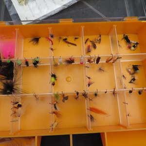 Könnte beinhalten: Eine orangefarbene Plastik-Fliegenfischbox mit mehreren Fächern, die mit verschiedenen bunten Fliegen gefüllt sind.