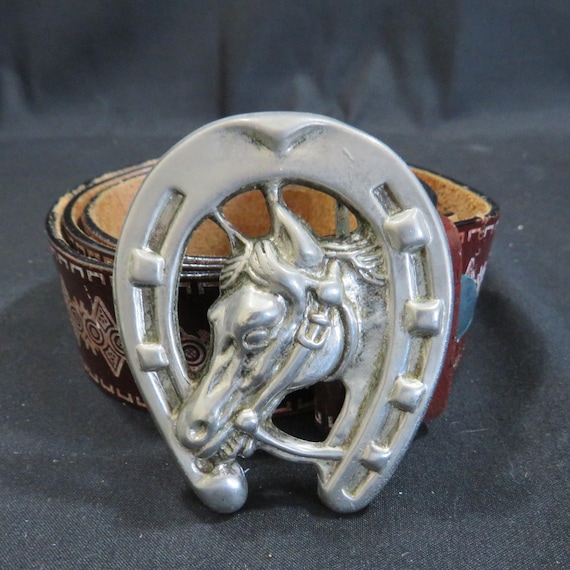 Vintage Horse Head Buckle Leather Western Belt Vintage Heavy Saddle Leather Buck Stitched Horse Head  main image 4