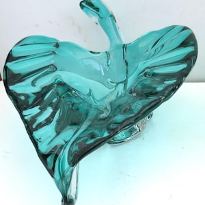 Vintage Mid-Century Heavy Murano-Style Aqua Art Glass Leaf Bowl