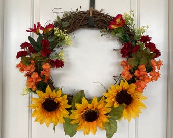 20" Yellow Sunflower Wreath with Red and Orange Accents