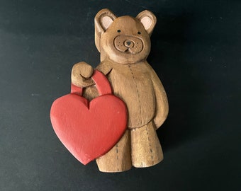 Teddy Bear Keepsake Box with Red Heart, Vintage Carved Wood with Lid