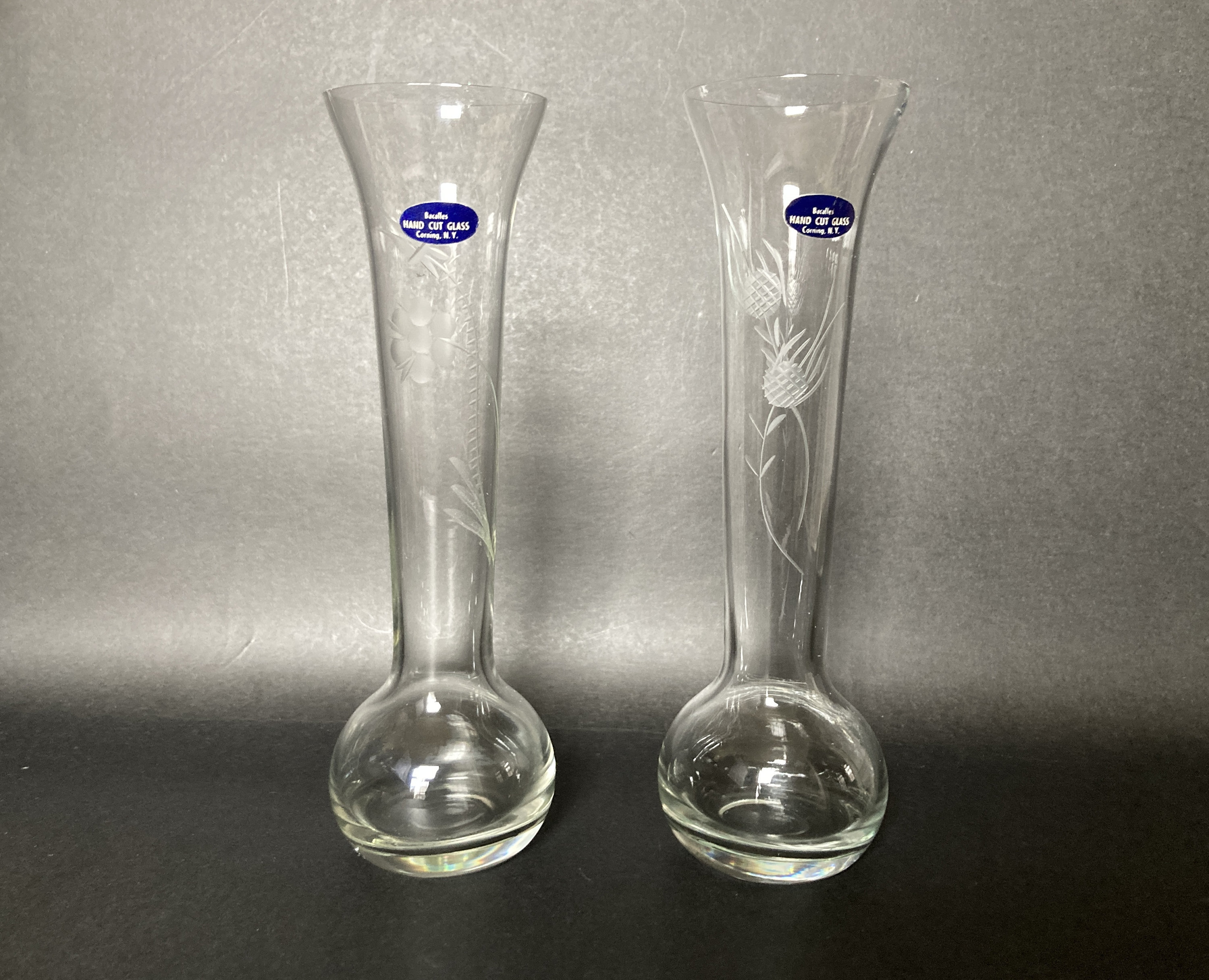 Vintage Etched Glass Delicate Bud Vases Hand Cut Set Of 2 Etsy