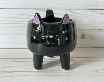 Cat Ceramic Planter Black with Gold Accents