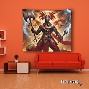May include: A tapestry featuring a warrior with a red and black feathered headdress, holding a large axe and a spear. The warrior is wearing a red and black loincloth and has a fierce expression on his face. The background is a fiery orange and yellow with lightning bolts.