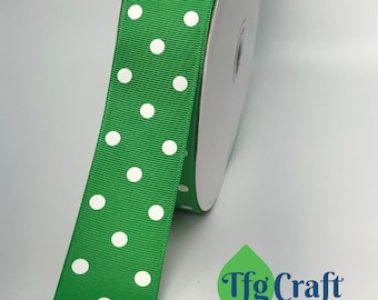Grosgrain Ribbon Polka Dot Green with White Dot | Grosgrain Ribbon by the yard | Double Face Ribbon | 1 1/2 inches wide