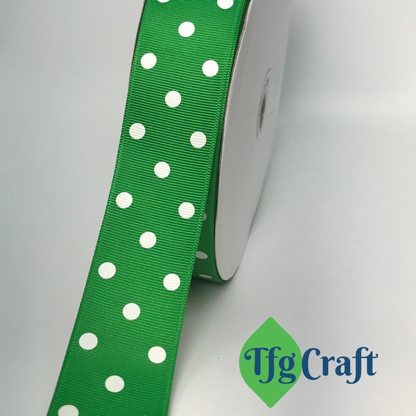 Grosgrain Ribbon Polka Dot Green with White Dot | Grosgrain Ribbon by the yard | Double Face Ribbon | 1 1/2 inches wide