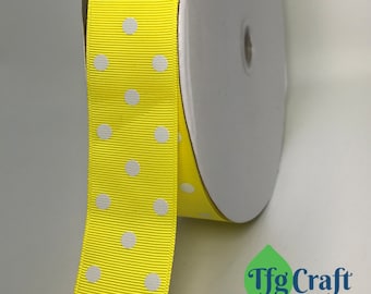 Grosgrain Ribbon Polka Dot Yellow with White Dot | Grosgrain Ribbon by the yard | Double Face Ribbon | 1 1/2 inches wide