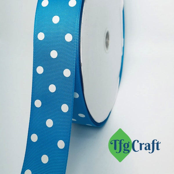 Grosgrain Ribbon Polka Dot Blue with White Dot | Grosgrain Ribbon by the yard | Double Face Ribbon | 1 1/2 inches wide